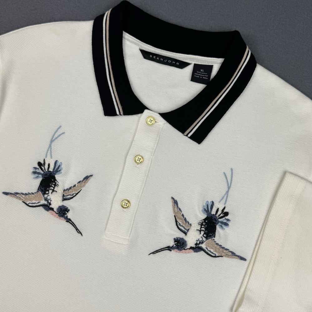 Sean John Polo Shirt Mens XL White Embroidered Birds Side Slits Novelty Preppy